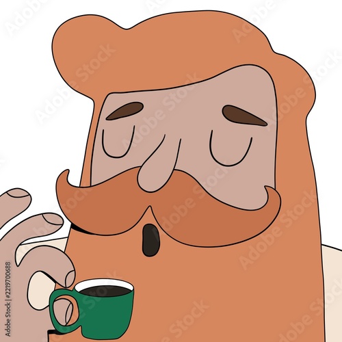 Big man with red beard drinking coffee, cup of coffee, poster for cafe 