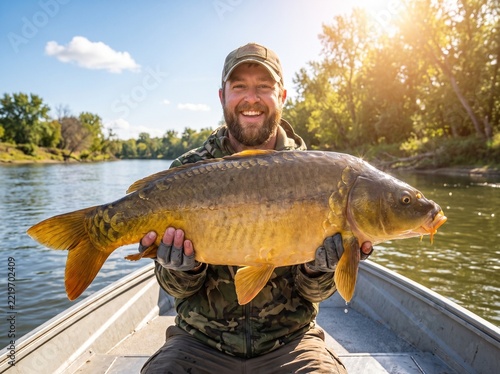 Smiling fisherman holding a large freshly caught carp by a lake on a sunny day