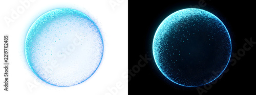 Sphere with glowing cyan dotted particle surface and bright luminous rim in PNG, Transparent and Black Background Versions for tech overlays**