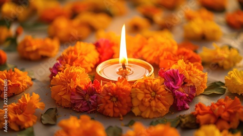 Glowing Diya Candle on Orange Marigold Flowers