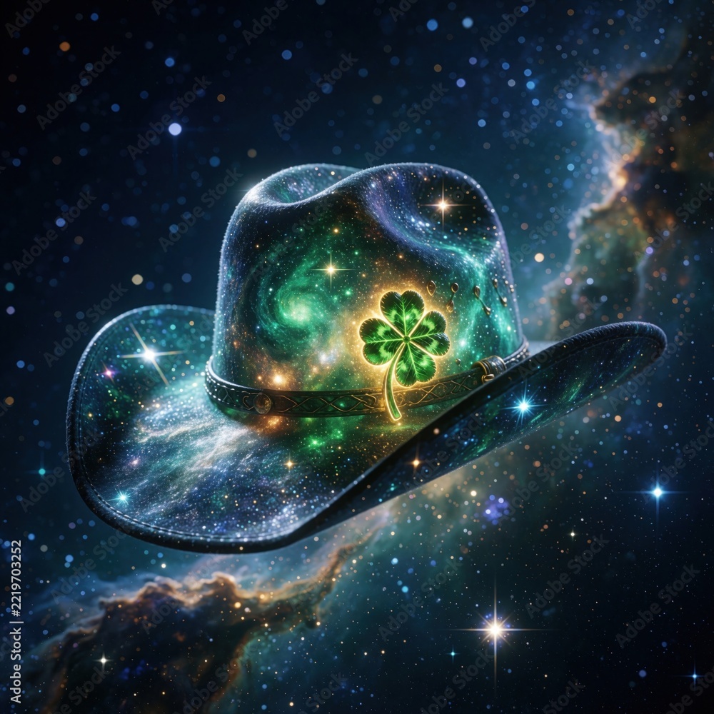 Fototapeta premium Magical cowboy hat with galaxy pattern floats in starry night sky. Glowing green four leaf clover pin on brim acts as lucky charm. Celestial cosmic nebula background creates dreamy fantasy atmosphere