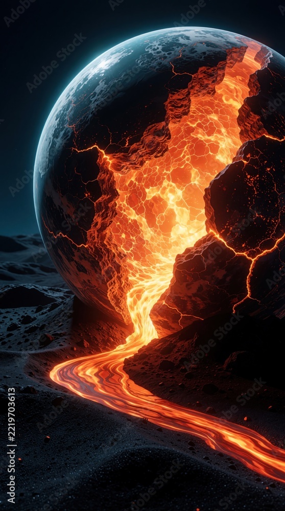 Fototapeta premium Erupting alien planet with glowing lava cracks in dark space. Molten magma flows from cracked sphere across rocky lunar surface. Surreal cosmic landscape shows fiery volcanic eruption, hot orange