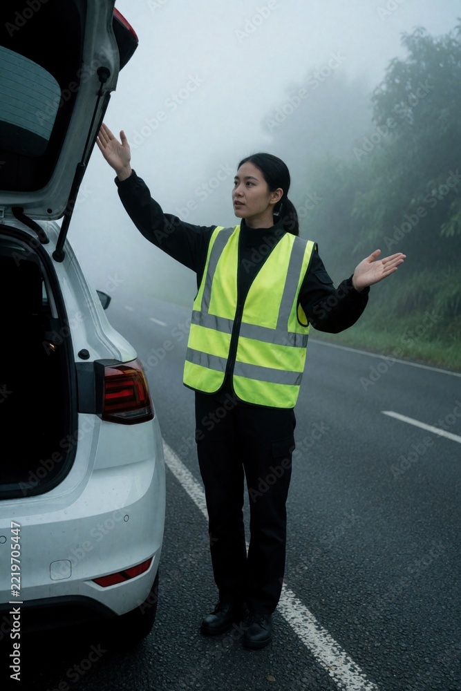 Naklejka premium Female roadside assistance technician wears yellow reflective vest near white car on foggy road. Woman stands by open trunk, gestures for help during emergency. Pro mechanic provides auto repair