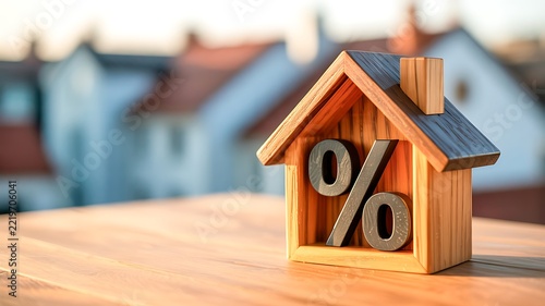 Wooden house model with percent symbol representing mortgage rates and real estate finance