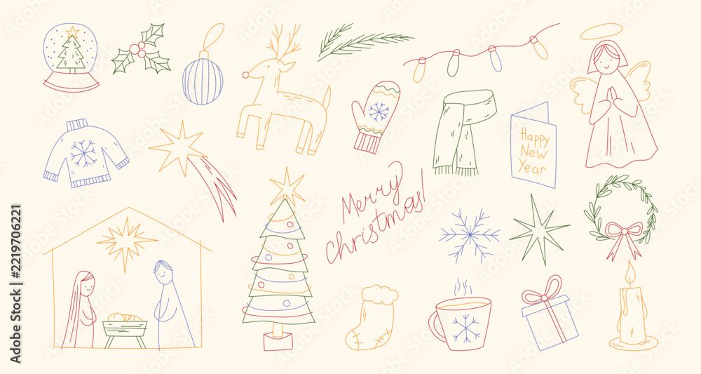 Fototapeta premium Cute whimsical Christmas icons for holiday card designs. Vector doodle set of Xmas tree, gift box, festive tree, garland, cocoa cup, and knitted clothes, line art symbols for seasonal invitations