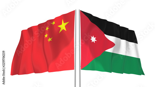 China and Jordan flags waving with transparent alpha png background