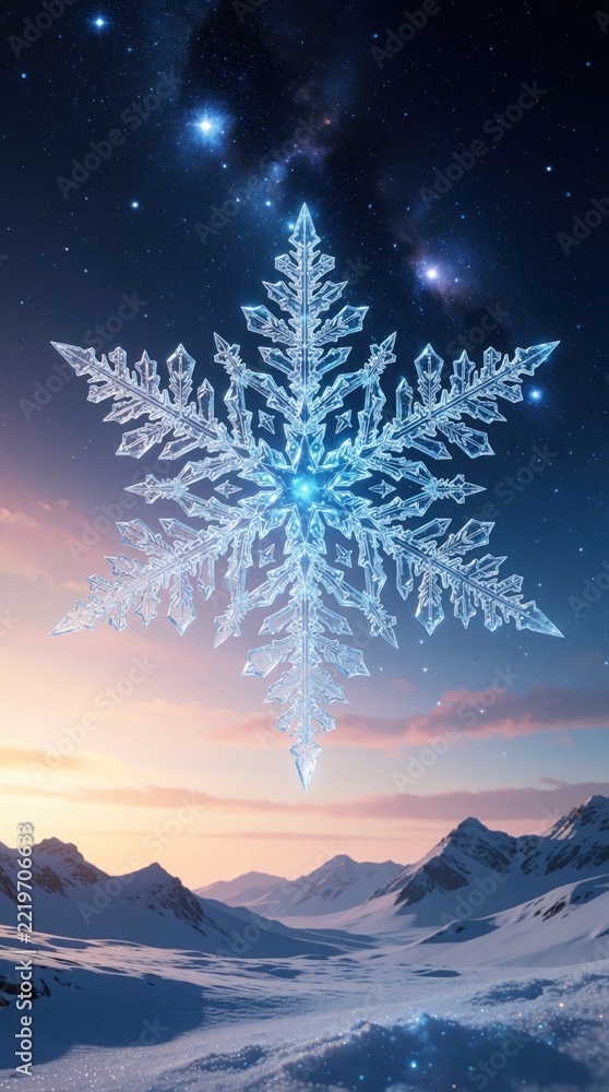 Fototapeta premium Giant crystal snowflake floats above snowy mountain landscape at night. Blue ice star shines against starry sky, milky way. Cold winter nature background with majestic frozen frost pattern over