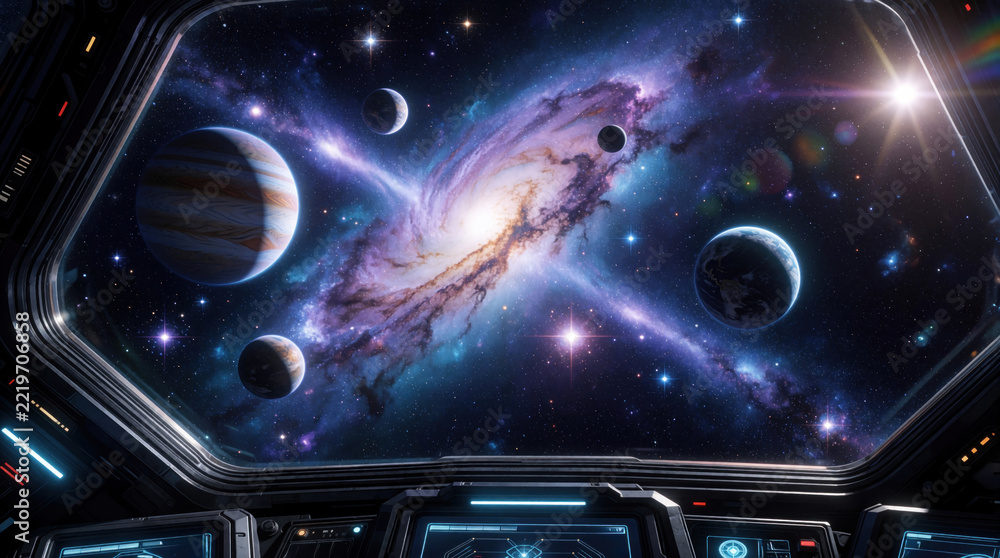 Fototapeta premium View from spaceship window shows vast galaxy, glowing nebula. Multiple planets orbit bright cosmic center in deep space. Astronauts travel through starry universe exploring distant celestial bodies,