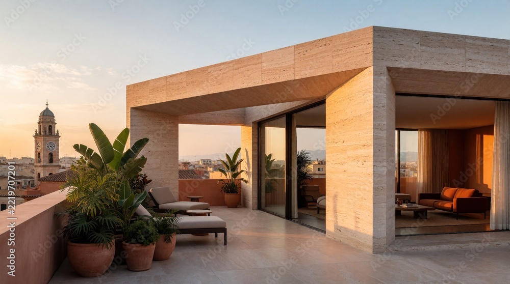 Fototapeta premium Modern minimalist concrete rooftop terrace with luxury apartment design. Large glass doors open to stylish living room with orange sofa. Potted plants, lounge chairs sit on patio under warm sunset