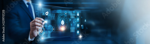 Data Scientist interacting with Data science and futuristic holographic digital network interface control panel. Data analytics, machine learning, predictive modeling, statistical analysis.