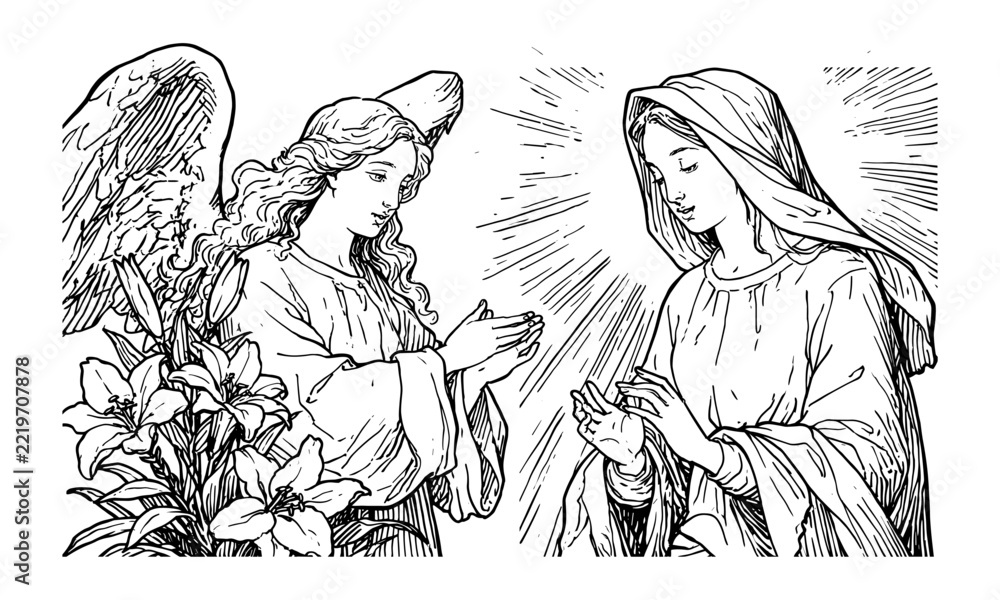 Fototapeta premium Black-and-white line-art of the Annunciation showing Archangel Gabriel appearing to the Virgin Mary with lilies and halo, a classic devotional biblical scene evoking grace