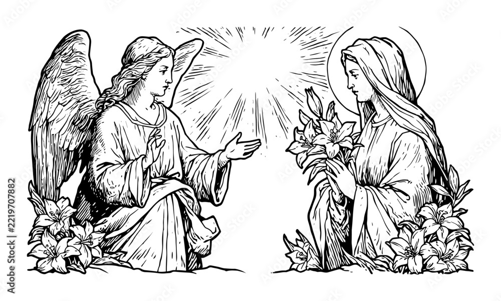 Fototapeta premium Black and white illustration of the Annunciation: an angel appearing to Mary with lilies and radiant light, the angel gesturing while the Virgin receives the message in reverence
