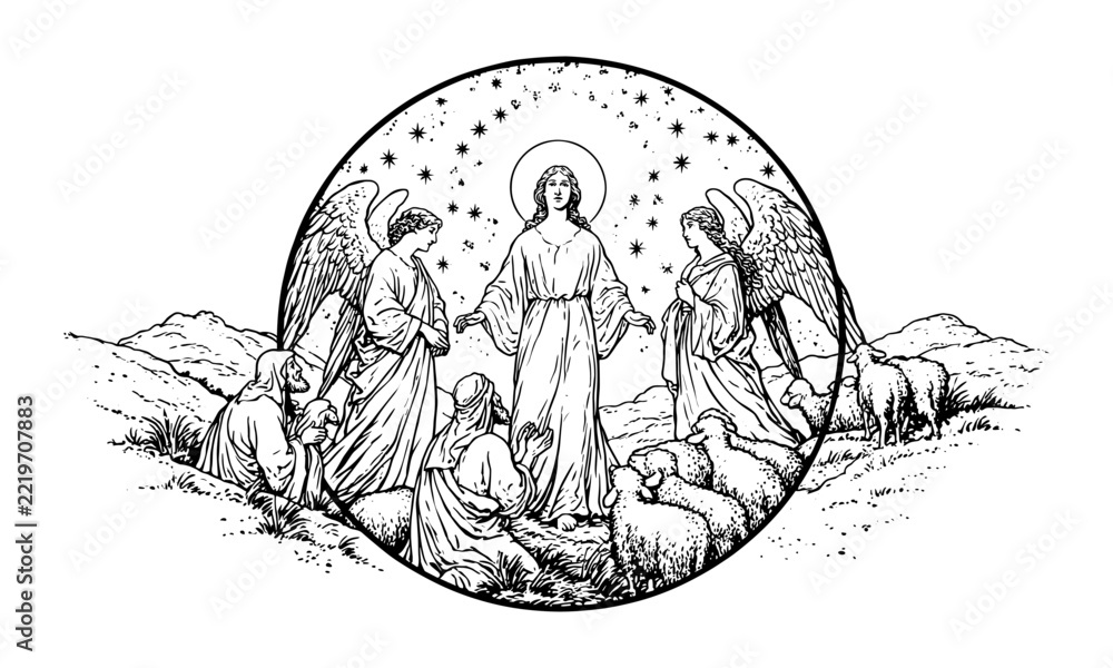 Fototapeta premium Jesus Christ revealed in a circular celestial scene: central figure with halo surrounded by angels, shepherds, and sheep among stars and hills, biblical lineart illustration