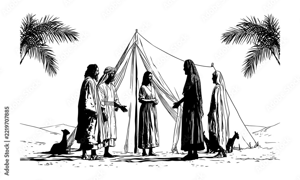 Fototapeta premium Biblical desert tent scene depicting a family and three travelers gathered at the tent entrance amid palms and camels, evoking hospitality, conversation and ancient Israelite life