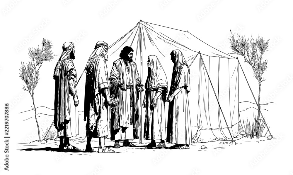 Fototapeta premium Black-and-white illustration of biblical figures gathered outside a desert tent, robed people conversing at a campsite in an OldTestament scene of visitation and hospitality