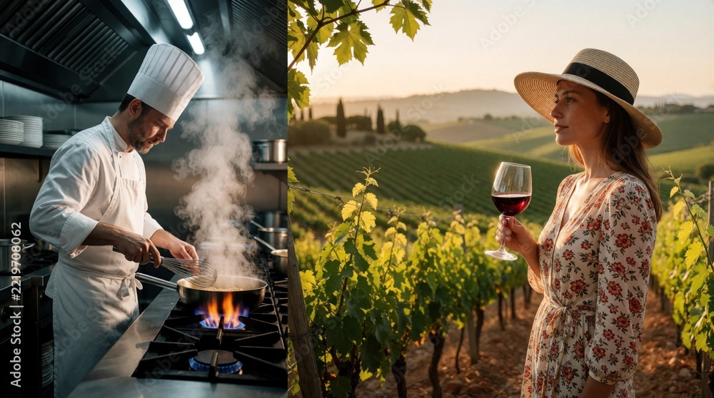 Fototapeta premium Pro chef cooks food with steam in restaurant kitchen. Beautiful woman drinks red wine in Tuscany vineyard during sunset. Concept of work life balance, career versus relaxation, culinary passion,