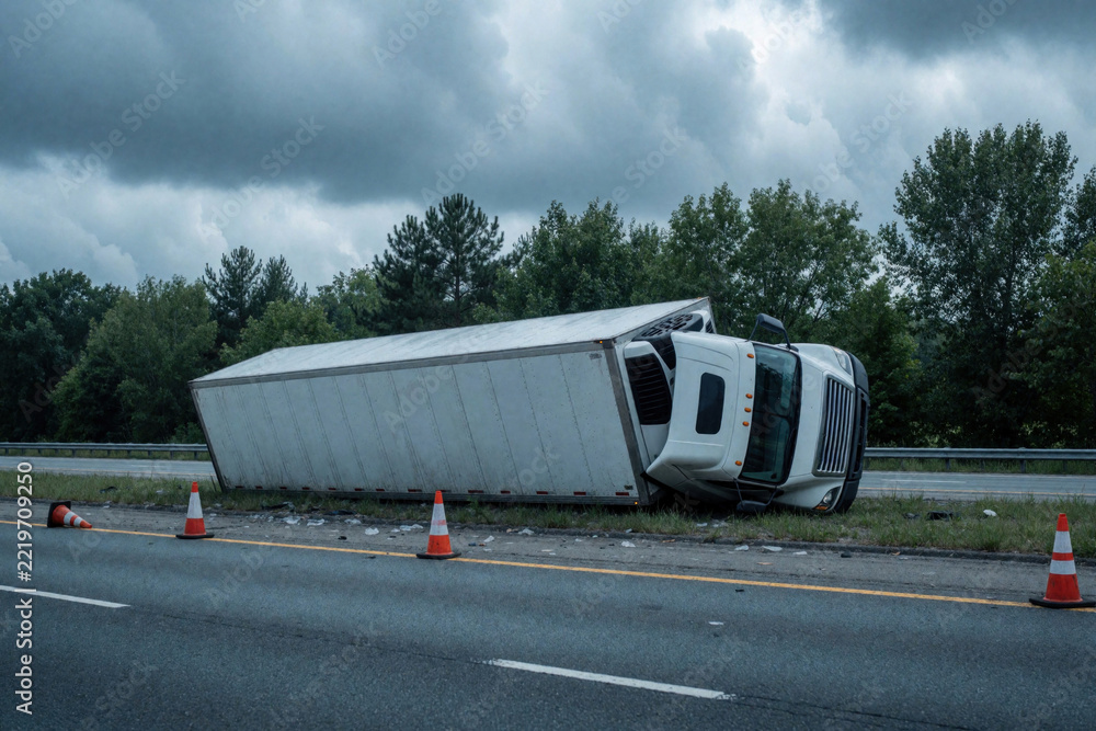 Fototapeta premium Overturned white refrigerated truck lies on highway median after crash. Damaged semi trailer wreck sits near road with orange traffic cones. Accident scene on asphalt road under cloudy sky. Driver
