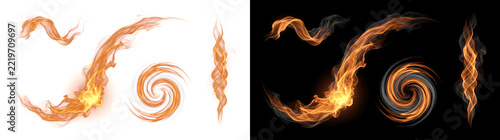 Flame with orange fire swirls, curved streaks and soft grey smoke trails in PNG, Transparent and Black Background Versions for photo effects