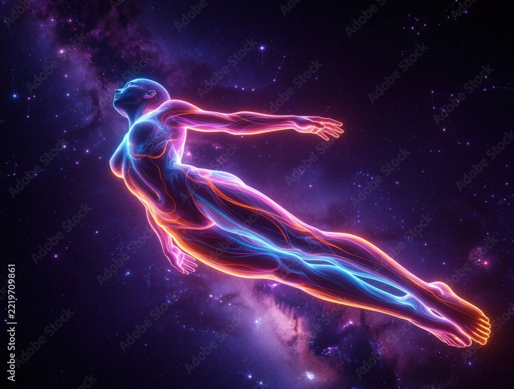 Fototapeta premium Abstract neon human figure floats in deep space. Glowing body silhouette flies through cosmic nebula with vibrant energy. Surreal digital art shows transcendence, freedom, spiritual motion in dark