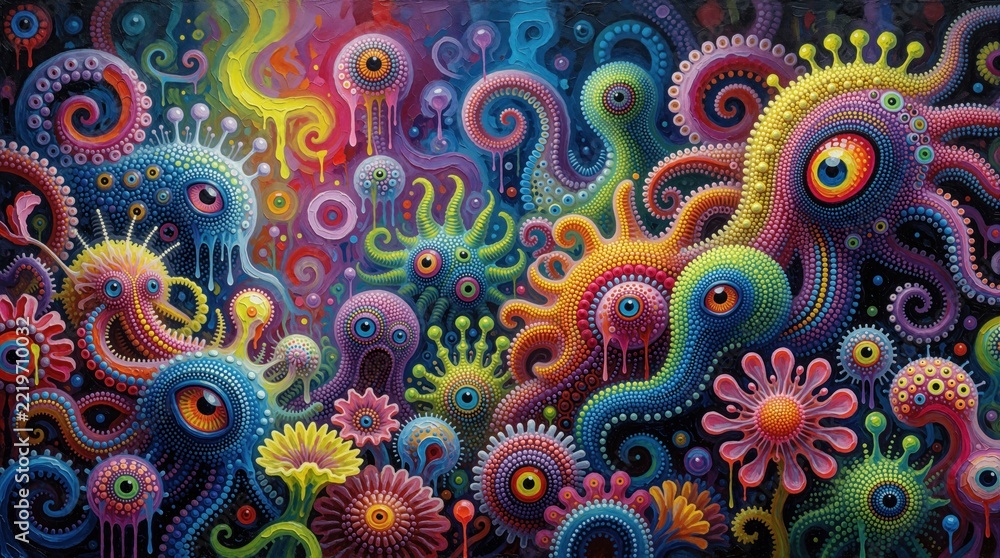Fototapeta premium Surreal abstract painting shows colorful alien creatures, organic forms. Vibrant dreamlike monsters with many eyes move through psychedelic landscape. Weird fantasy creatures live in mysterious