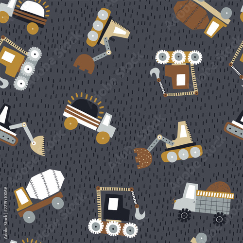 Cute cartoon cars and construction machines seamless pattern. Vector transport and city street textured background for nursery wallpaper, kids clothing, fabric print