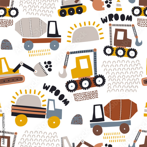 Cute cartoon cars,textures and construction machines seamless pattern. Vector transport and city street background for nursery wallpaper, kids clothing, fabric print