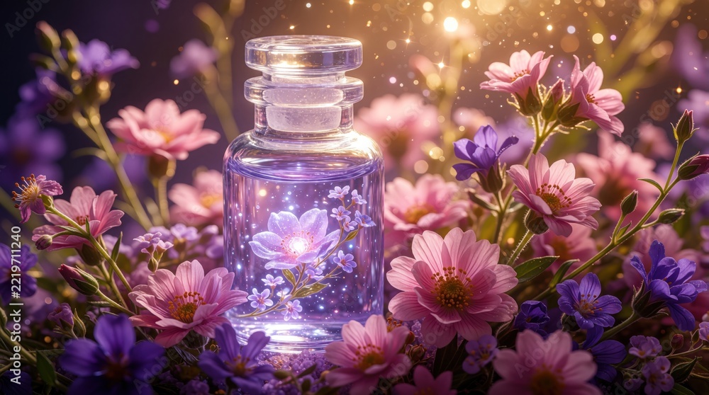 Fototapeta premium Small glass vial filled with glowing purple liquid, tiny flowers sits among pink cosmos. Magical bottle contains sparkling floral extract. Beautiful perfume bottle surrounded by spring blossom garden