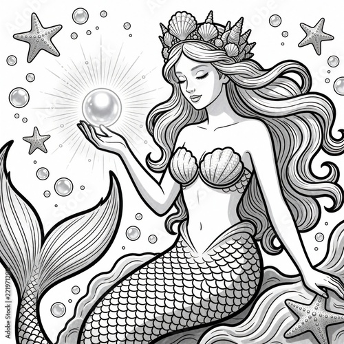 Mermaid queen with seashell crown holds glowing pearl orb in hand. Beautiful siren with long wavy hair swims underwater among starfish, bubbles. Detailed line art illustration for adult coloring book