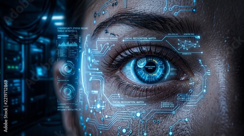 Close up of human eye with digital biometric iris scanner HUD interface.