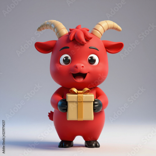 Cute Chubby Red Goat Cartoon Mascot Holding a Gift Box 3D Render on Neutral Background. Adorable Red Fire Goat Character Mascot Symbol holding Golden Present Box Isolated Studio Shot