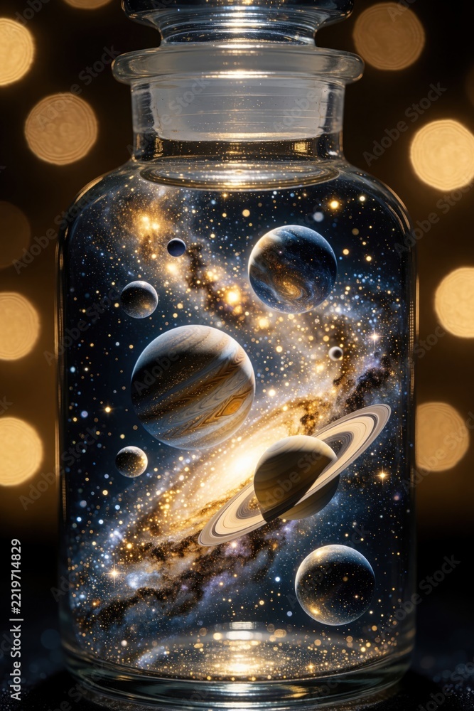 Fototapeta premium Miniature galaxy inside glass jar with planets, stars. Cosmic scene shows solar system within small bottle. Glowing nebula, celestial bodies float in dark space. Magical universe concept with