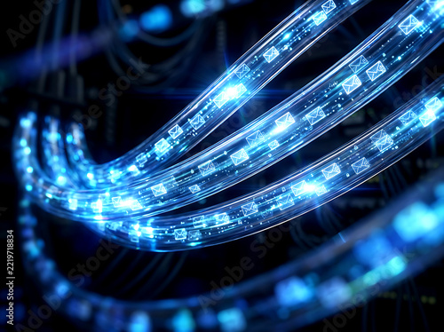 Glowing fiber optic cables transmitting digital email icons