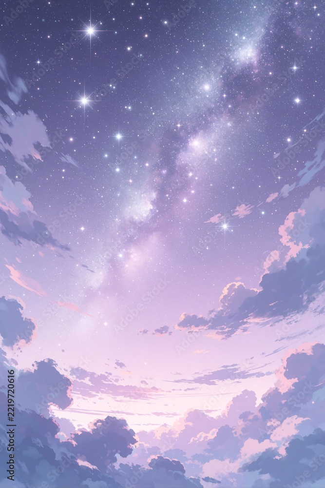 Fototapeta premium Anime style night sky with glowing stars, Milky Way galaxy. Pastel purple, silver clouds float in dreamy cosmic atmosphere. Beautiful celestial space background with starlight creates magic feeling