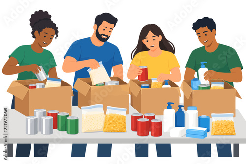 Volunteers Packing Emergency Food Boxes for Families