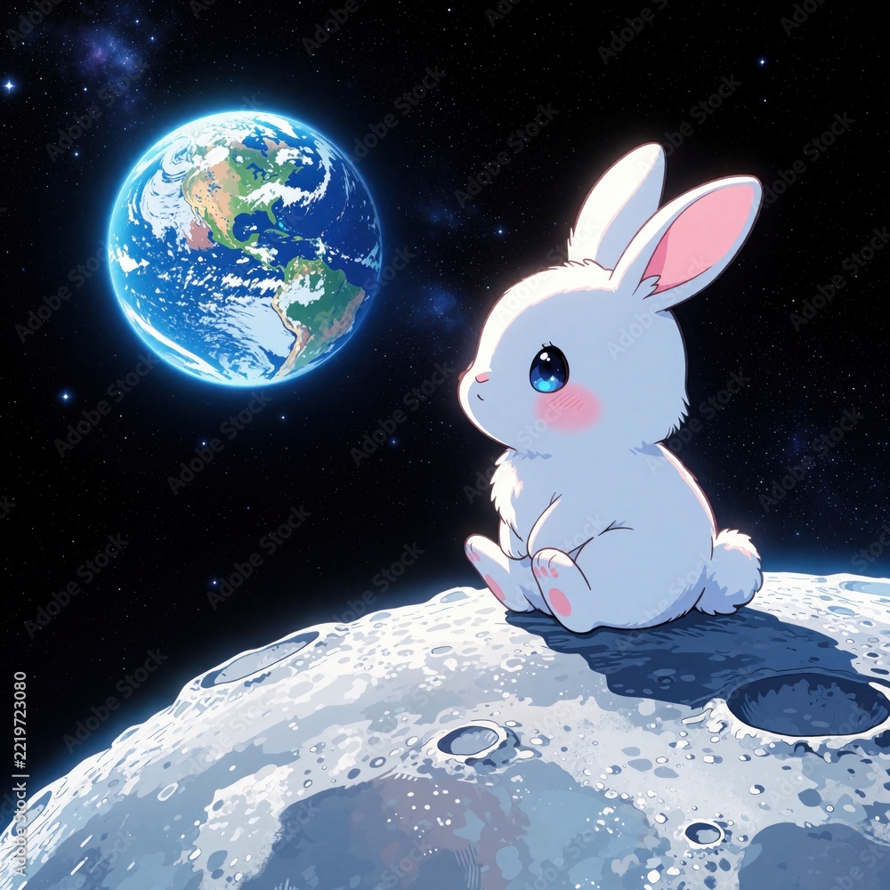 Fototapeta premium Cute white bunny sits on moon surface looking at planet earth from outer space. Adorable rabbit animal watches blue world in starry night sky. Whimsical fantasy illustration with dreamy atmosphere,