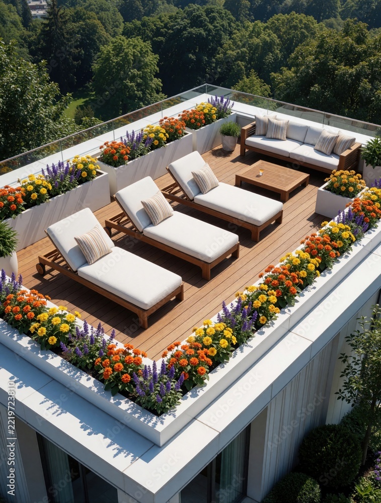 Fototapeta premium Modern rooftop terrace with wooden deck, white sun loungers. Colorful flower beds decorate balcony edges. Private luxury residence offers outdoor relaxation space with premium garden design. Sunny