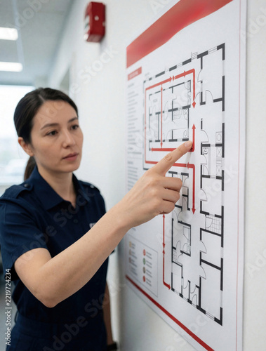 Female safety officer points to emergency evacuation route map on office wall. Professional woman explains floor plan during fire drill training. Workplace security procedure shows exit directions