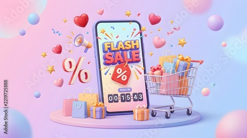 Smartphone displays a vibrant flash sale event with a shopping cart and gift boxes on a soft pastel background.
