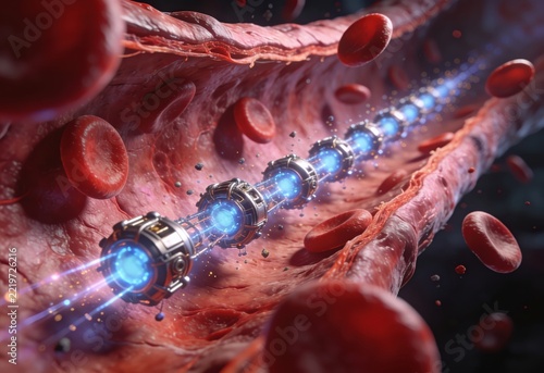 Futuristic nanobot traveling through a human blood vessel with glowing blue energy core