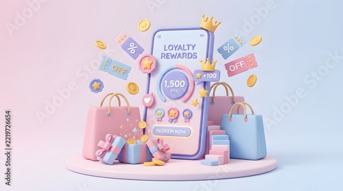 Loyalty rewards program interface on a smartphone screen features shopping bags and golden coins.