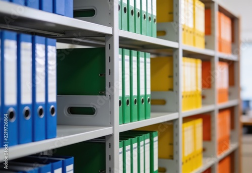 Color-coded binders and files organized on a metal shelving unit in an office setting