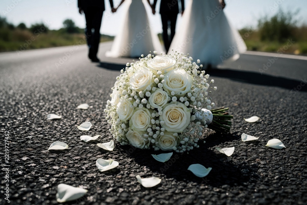 Naklejka premium White bridal bouquet with roses, gypsophila lies on asphalt road. Wedding couple walks away on street in background. Concept of canceled marriage, breakup, divorce end of relationship on urban