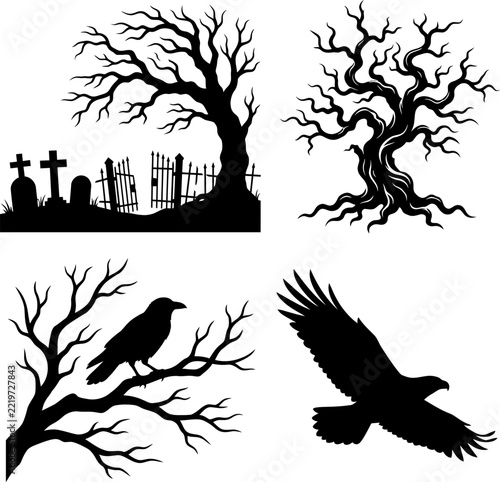 Silhouette of spooky trees and crow in graveyard setting for Halloween