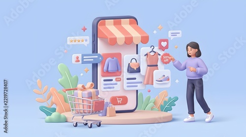 Shopper interacts with a virtual storefront interface on a large smartphone screen to browse clothing.