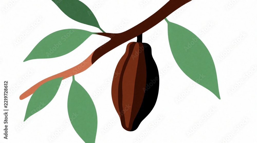 Fototapeta premium Cocoa pod hangs from tree branch with green leaves. Single chocolate bean fruit grows on tropical cacao plant. Natural organic ingredient isolated on white background for food design. Raw cocoa pod