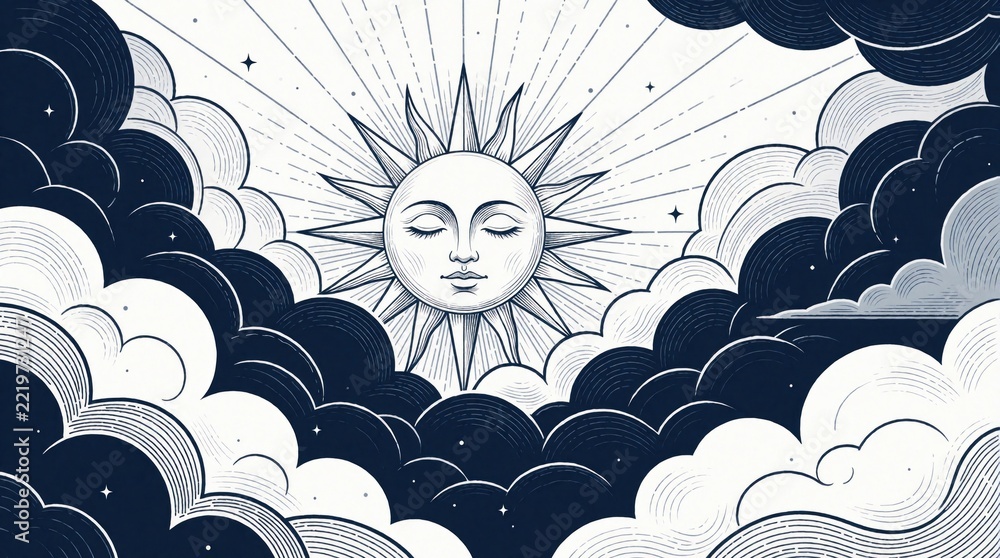 Fototapeta premium Dreamy celestial illustration of calm sun face with closed eyes. Radiant sun rays shine through fluffy clouds in dark sky. Mystical cosmic art shows peaceful heaven astral plane with stars, celestial