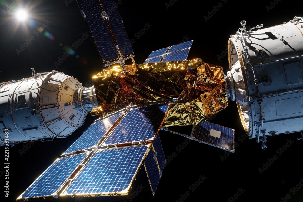 Fototapeta premium New satellite deployment from cargo module in low orbit. Advanced spacecraft releases golden tech equipment in deep space. Solar panels unfold near cosmic module to provide power. Futuristic space