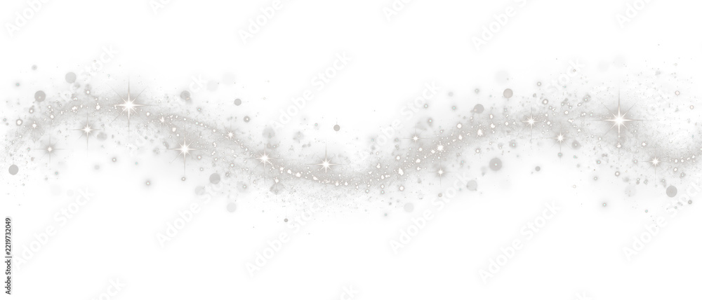 Obraz premium Silver sparkle light wave with glowing star dust particles and bokeh, magical glitter trail effect on transparent background for festive holiday design and creative photo overlays