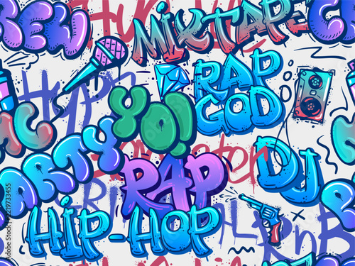 Colorful street art graffiti with boombox, microphone, and music words creating a seamless pattern
