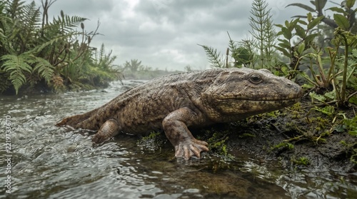 Prehistoric amphibian Ichthyostega, an early tetrapod, emerging from water onto muddy Devonian river bank, 3D paleoart.